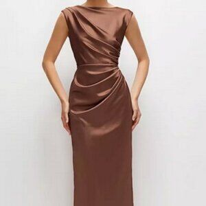 After Six Cognac Pleated Cap Sleeve Charmeuse Gown 6899